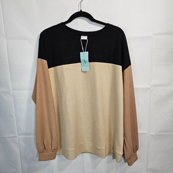 Oversized Shirt Ribbed Knit Round Neck Contrast Color Sweater Womens XL - Picture 3 of 5